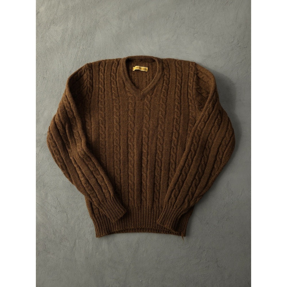 Vintage 1960s Brown Pure Virgin Wool Cable Knit V-neck Sweater Men's M
